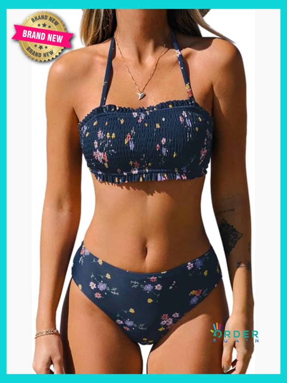 Bandeau Bikini Set with Removable Straps Two Piece Swimsuit Mid Waist Back Tie
